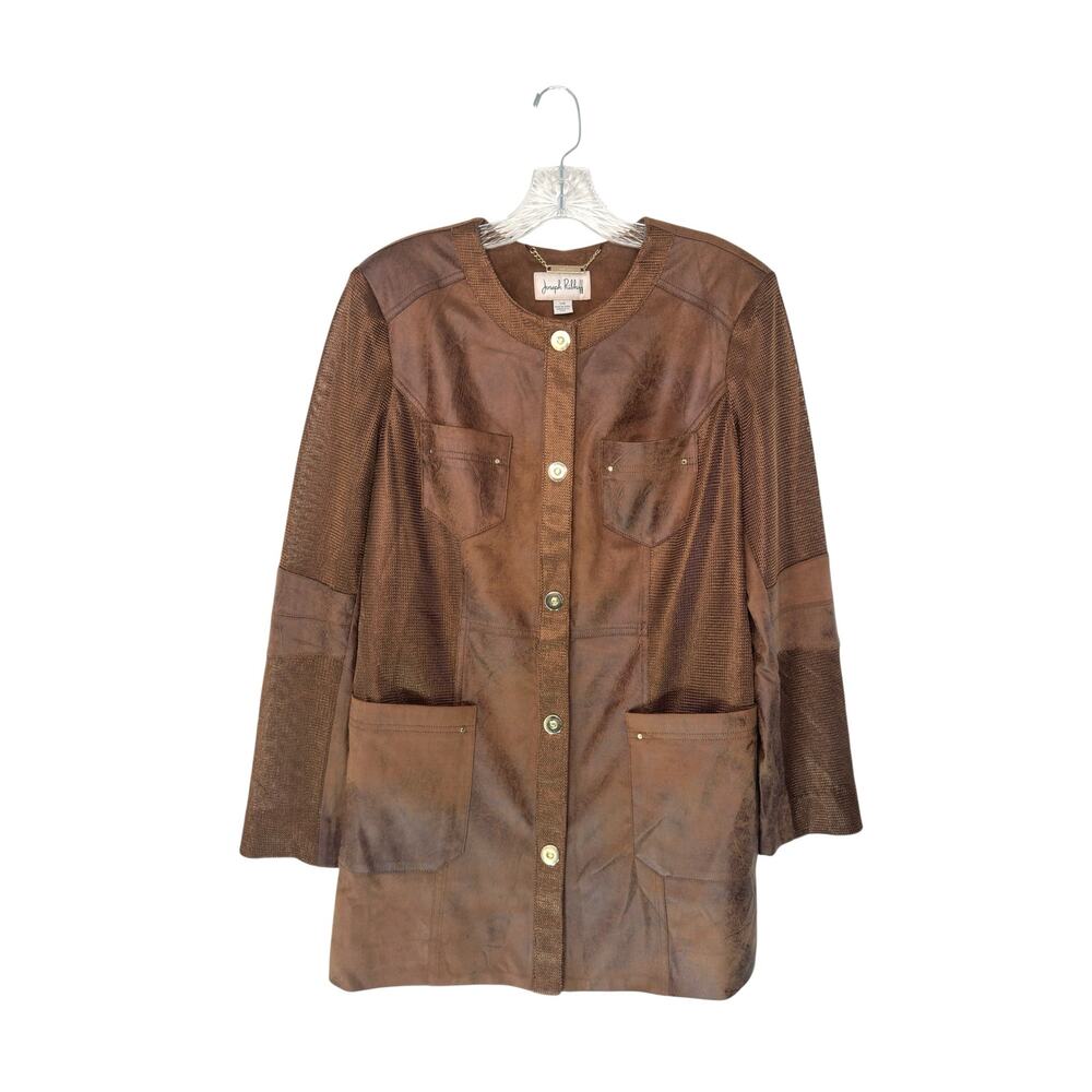 Joseph Ribkoff Jacket Brown Basic Front Pockets Mesh Button Front Mob Wife Large